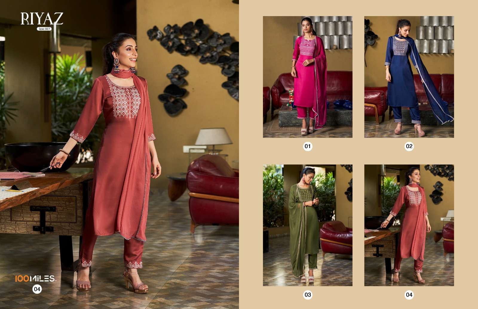 100 miles riyaz 01-04 series latest designer traditional kurti set wholesaler surat gujarat