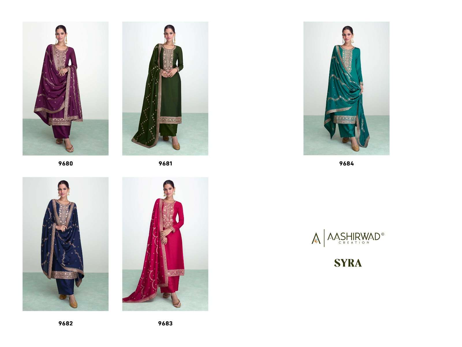 aashirwad syra 9680-9684 series latest designer fancy salwar kameez wholesaler surat gujarat