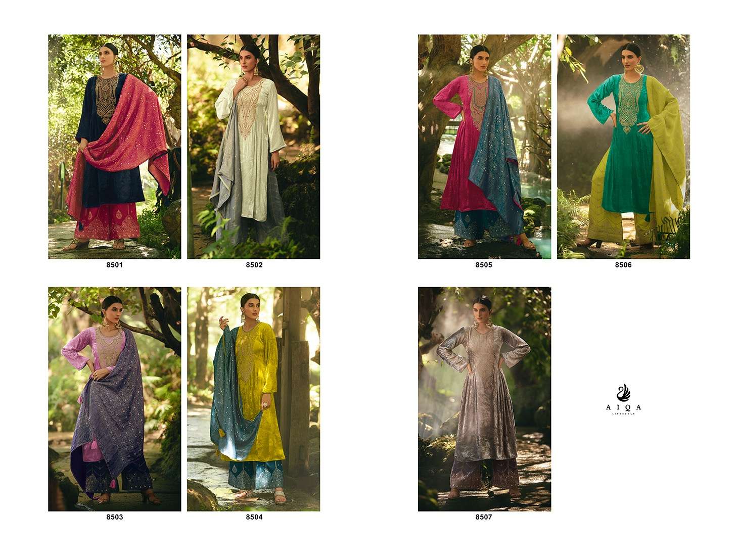 aiqa lifestyle hasrat 8501-8507 series latest fancy pakistani salwar kameez wholesaler surat gujarat