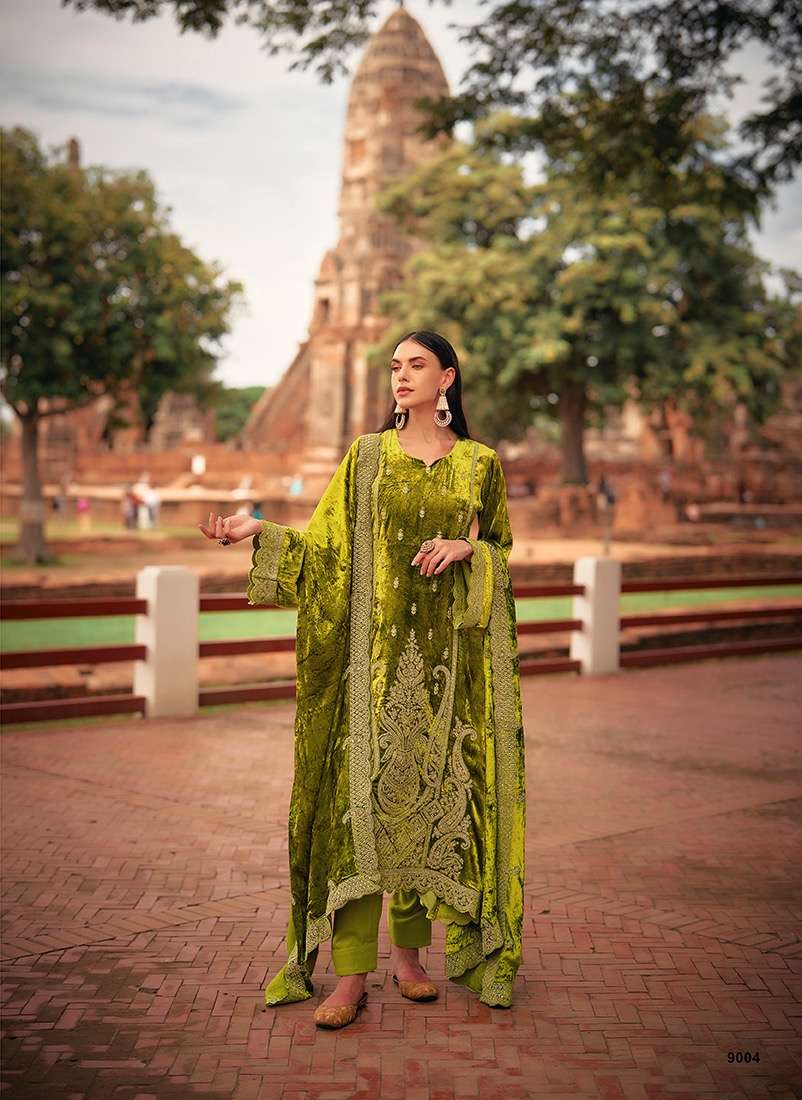 aiqa lifestyle velvet shenanigans 9001-9007 series designer pakistani velvet salwar kameez wholesaler surat gujarat