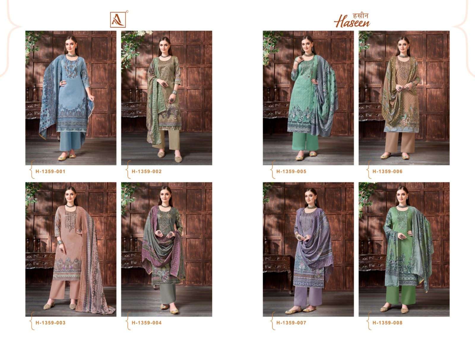 alok suit haseen 1359-001-008 series latest designer pakistani salwar kameez wholesaler surat gujarat