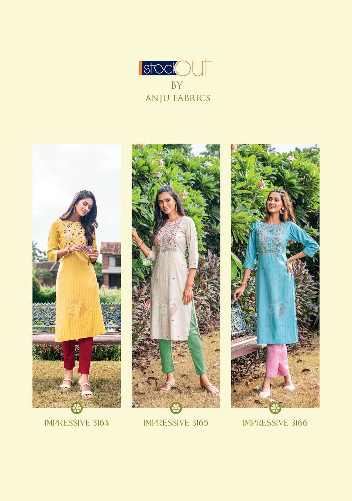anju fabrics impressive vol-5 3161-3166 series designer fancy kurti set wholesaler surat gujarat