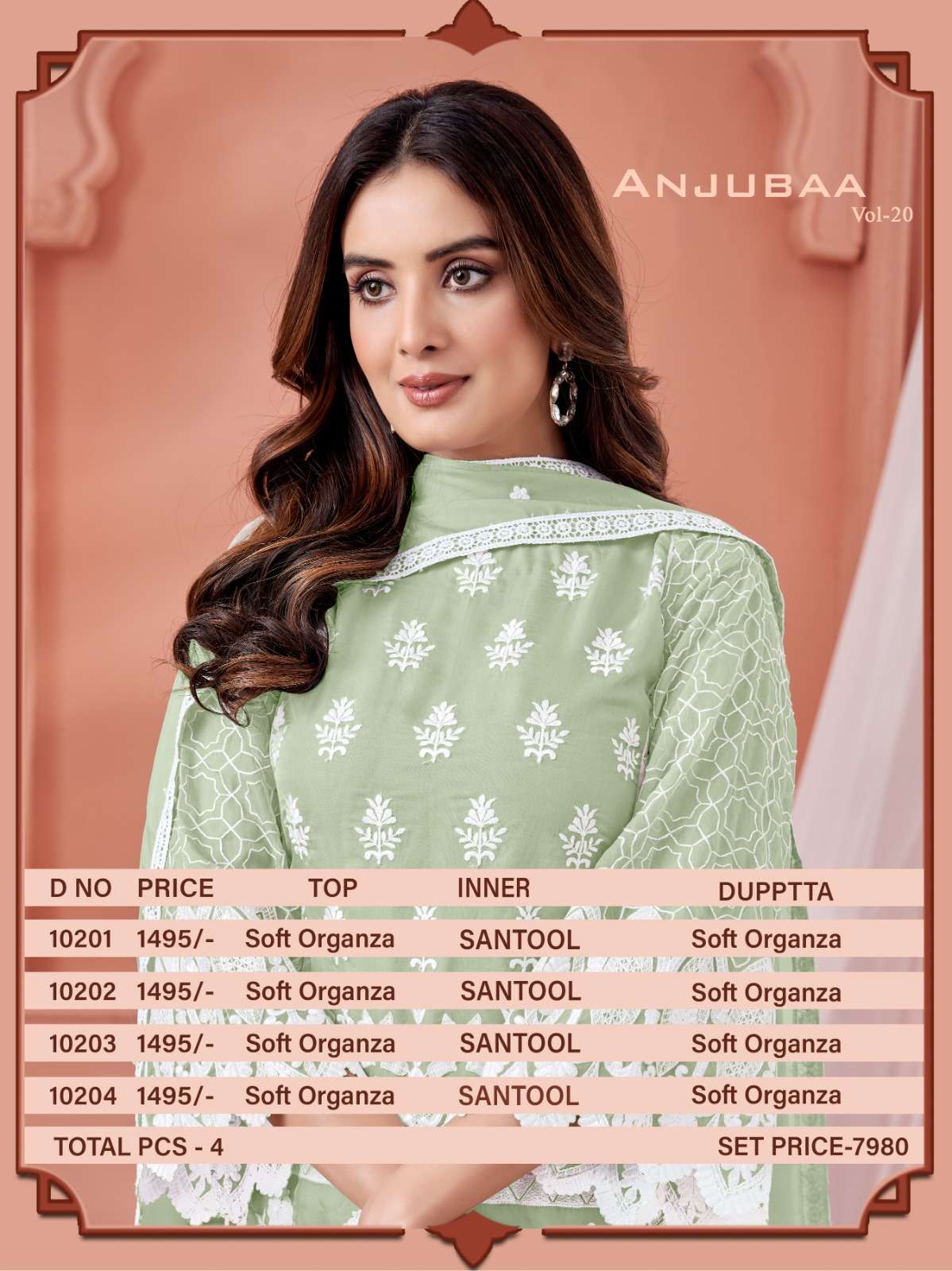 anjubaa vol 20 10201-10204 series soft organza designer stich salwar kameez wholesale price at india 