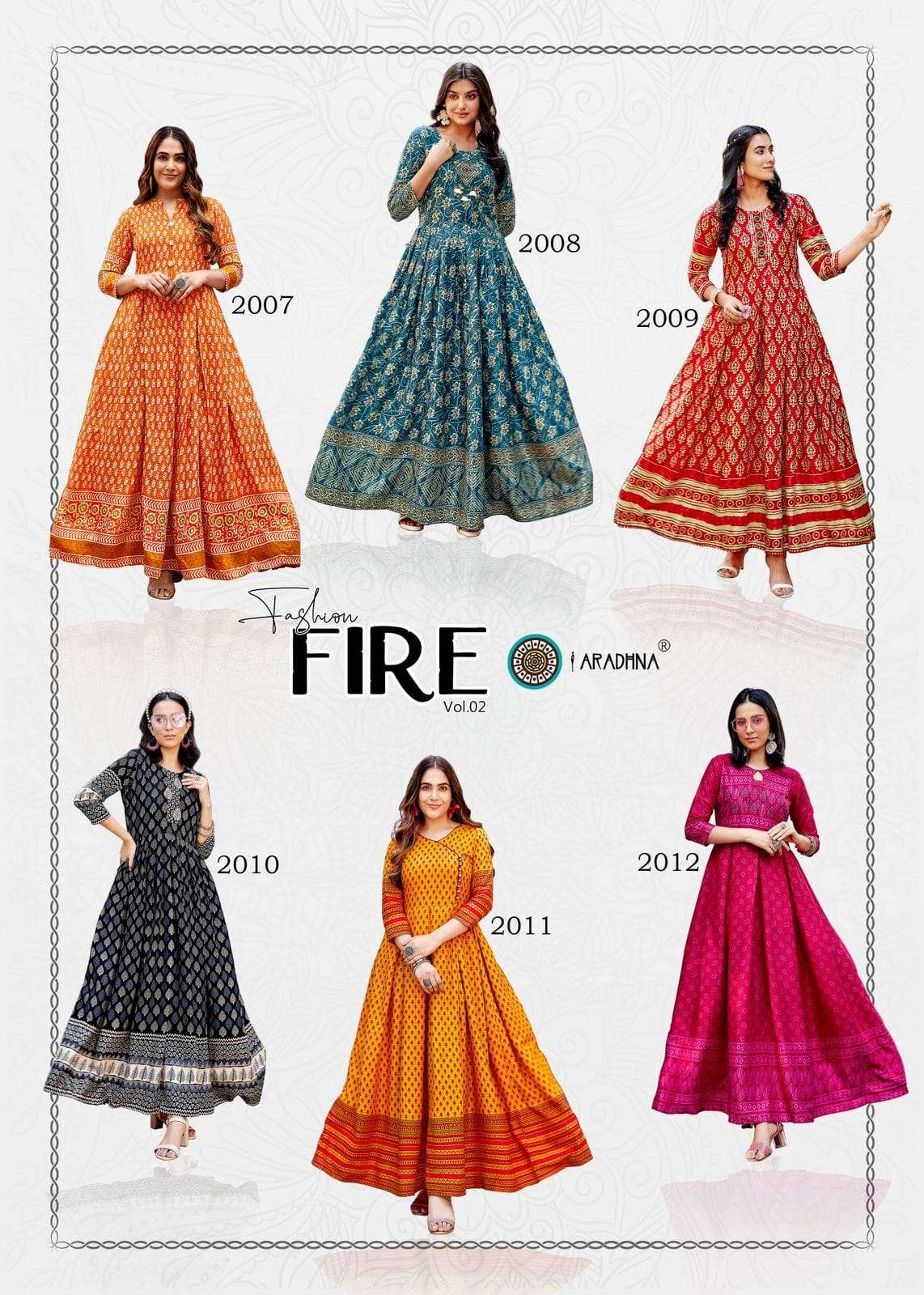 aradhna fashion fire vol-2 2001-2012 series latest designer long kurti wholesaler surat gujarat