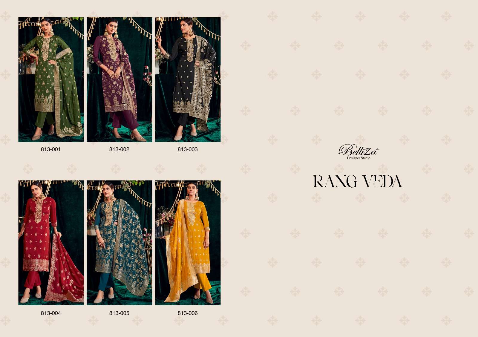 belliza designer studio rang veda 813-001-006 series latest designer salwar kameez wholesaler surat gujarat