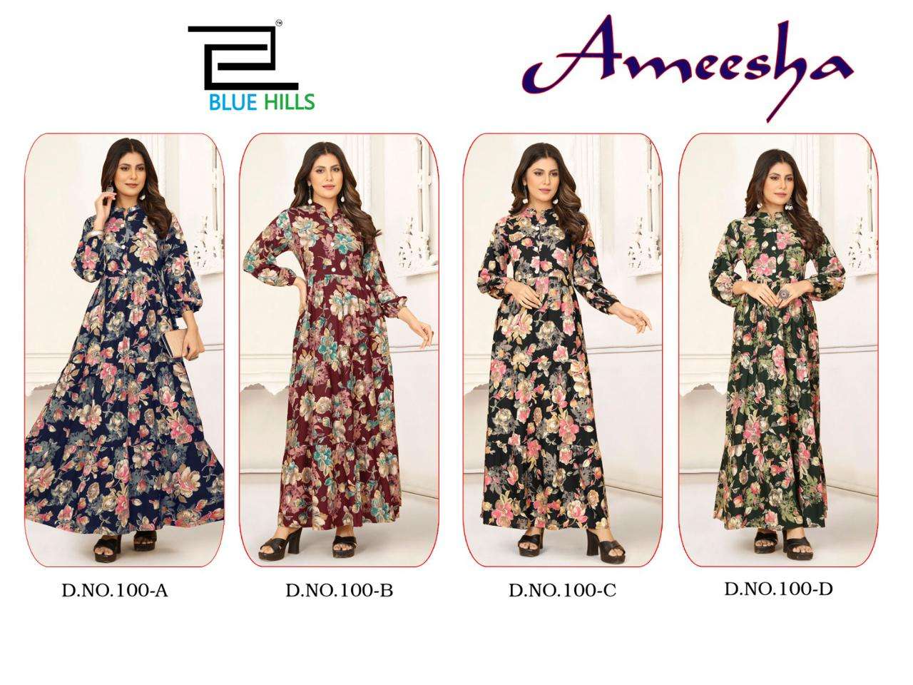 bluehills ameesha 100 colour series latest fancy long kurti gown wholesaler surat gujarat