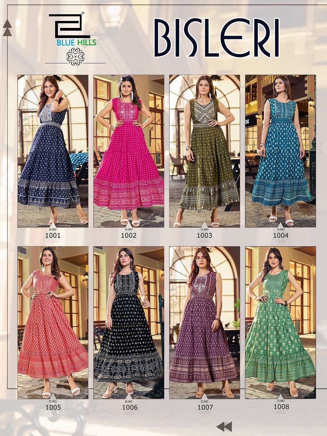 bluehills bisleri 1001-1008 series latest designer gown kurti wholesaler surat gujarat