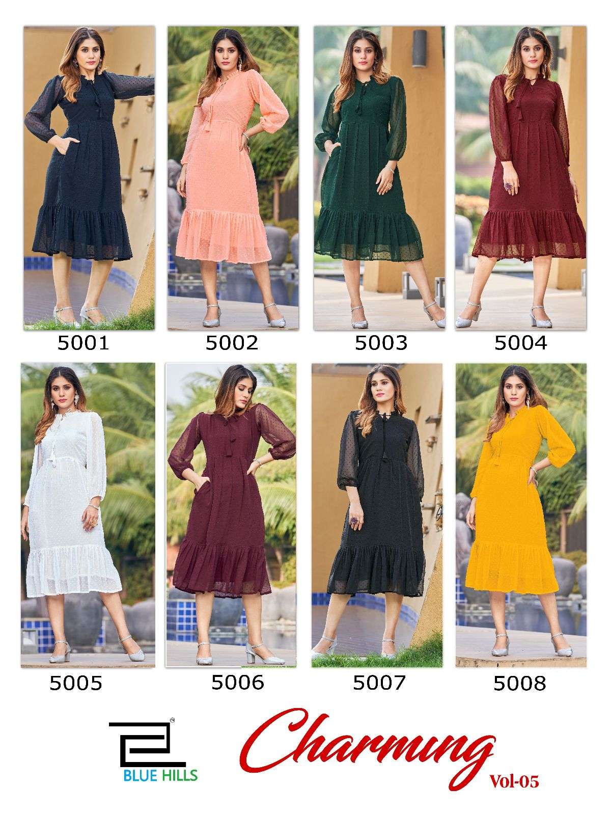bluehills charming vol-5 5001-5008 series designer latest fancy kurti wholesaler surat gujarat