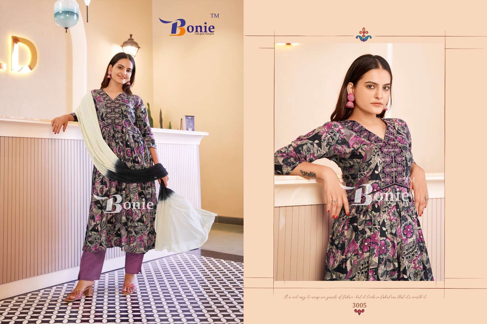 bonie kiara 3001-3007 series chanderi printed kurti pant set wholesale dealer surat