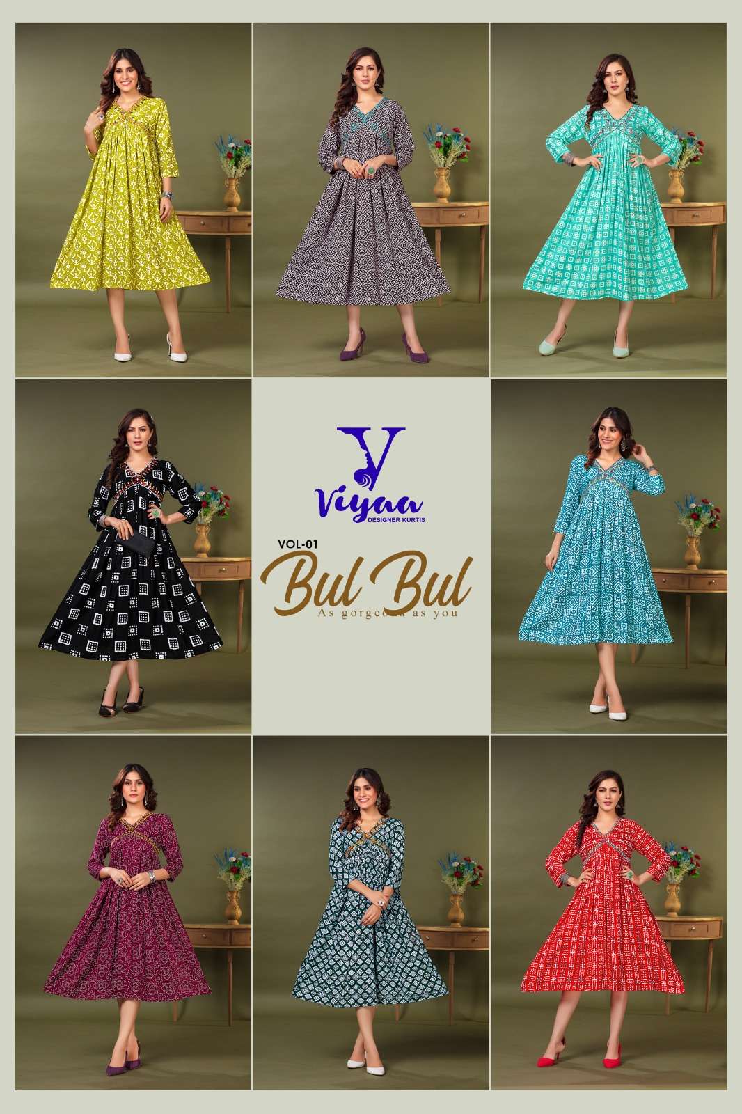 bul-bul viyaa designer 1001-1008 series latest fancy designer short kurti wholesaler surat gujarat