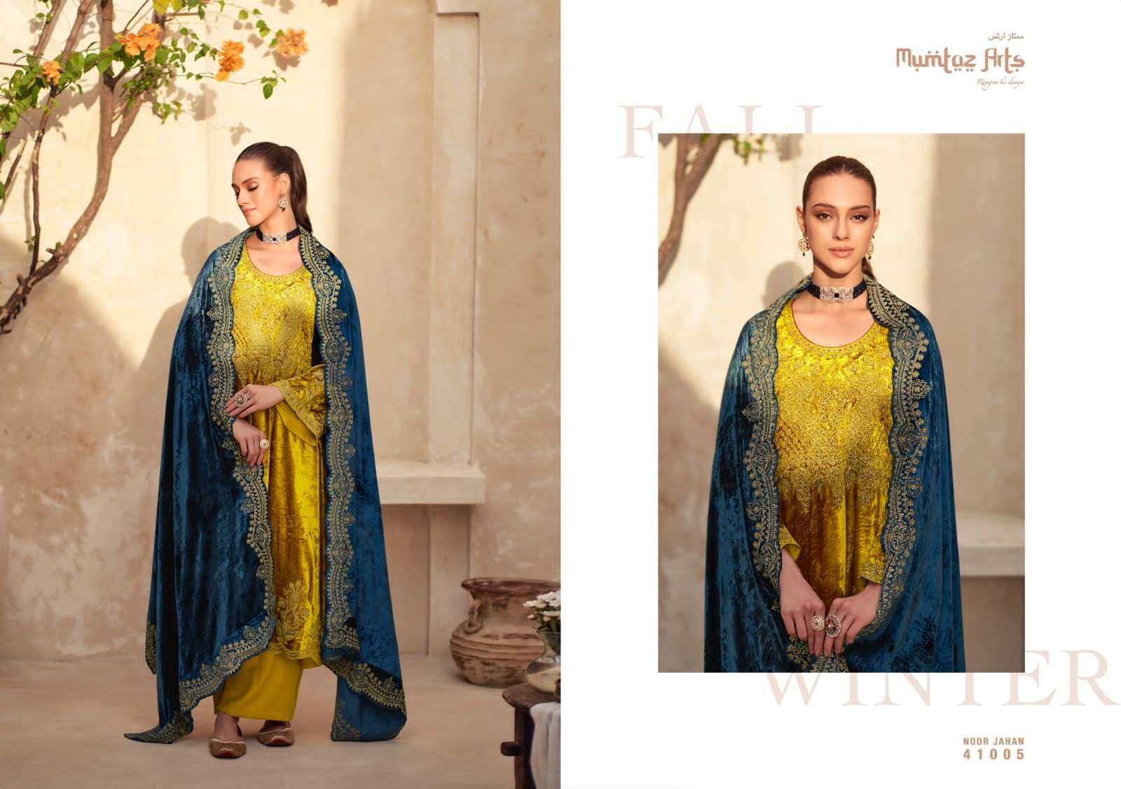 buy mumtaz arts noorjahan 41001-41006 series viscose velvet heavy embroidred suit dress material wholesale catalogue surat 