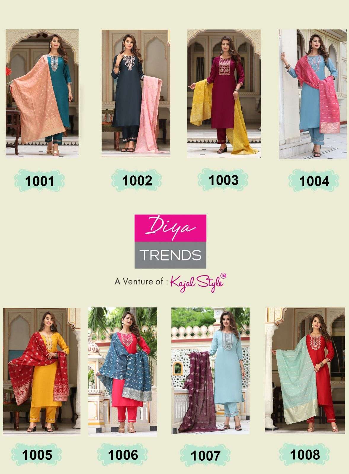 diya trendz anokhi vol-1 1001-1008 series latest designer kurti set wholesaler surat gujarat