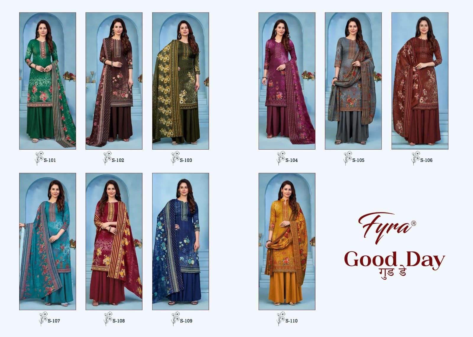 fyra designing good day 101-110 series latest designer salwar kameez wholesaler surat gujarat