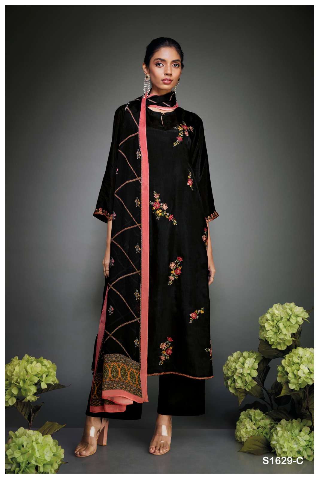 ganga vinaya 1629 pure bemberg habutai silk designer party wear black concept suits online best rate surat 