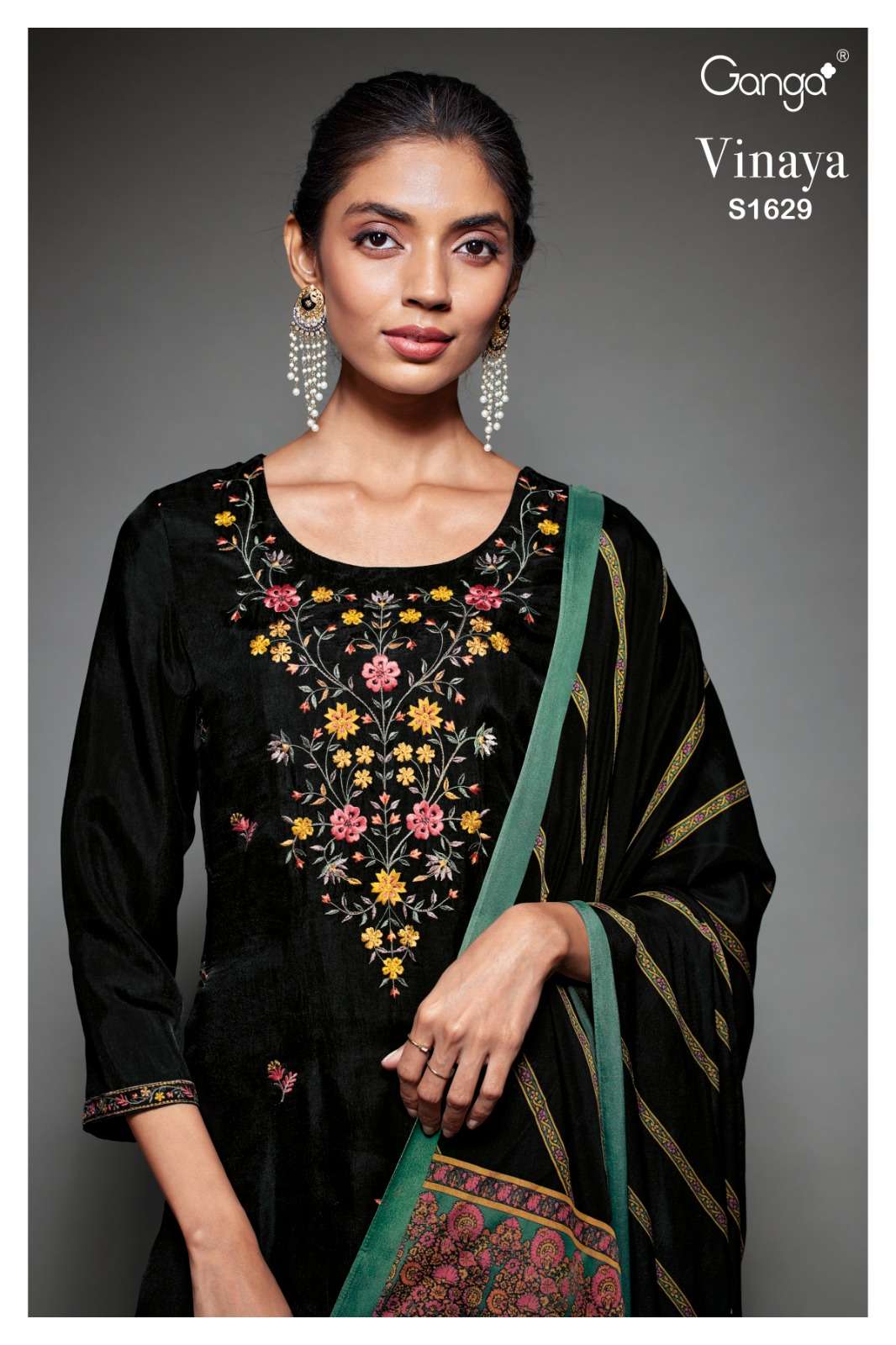ganga vinaya 1629 pure bemberg habutai silk designer party wear black concept suits online best rate surat 