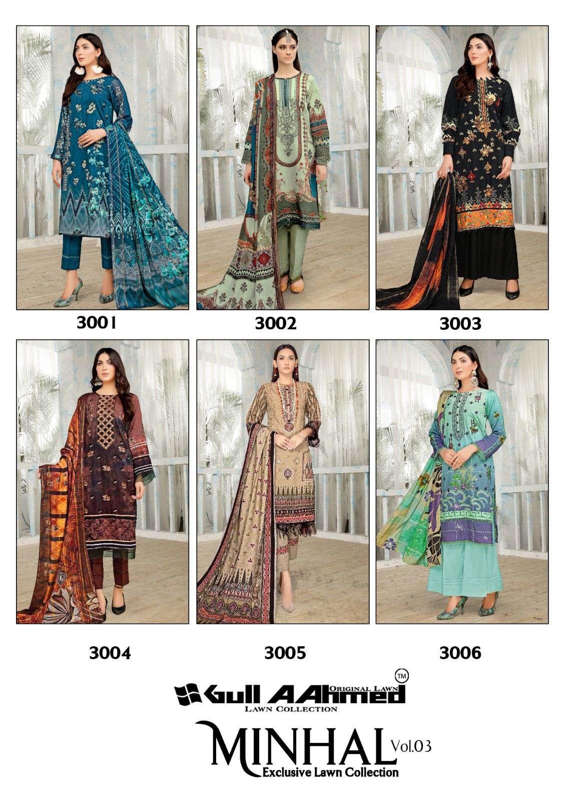 gullaahmed minhal exclusive lawn collection vol-3 3001-3006 series latest salwar kameez wholesaler surat gujarat