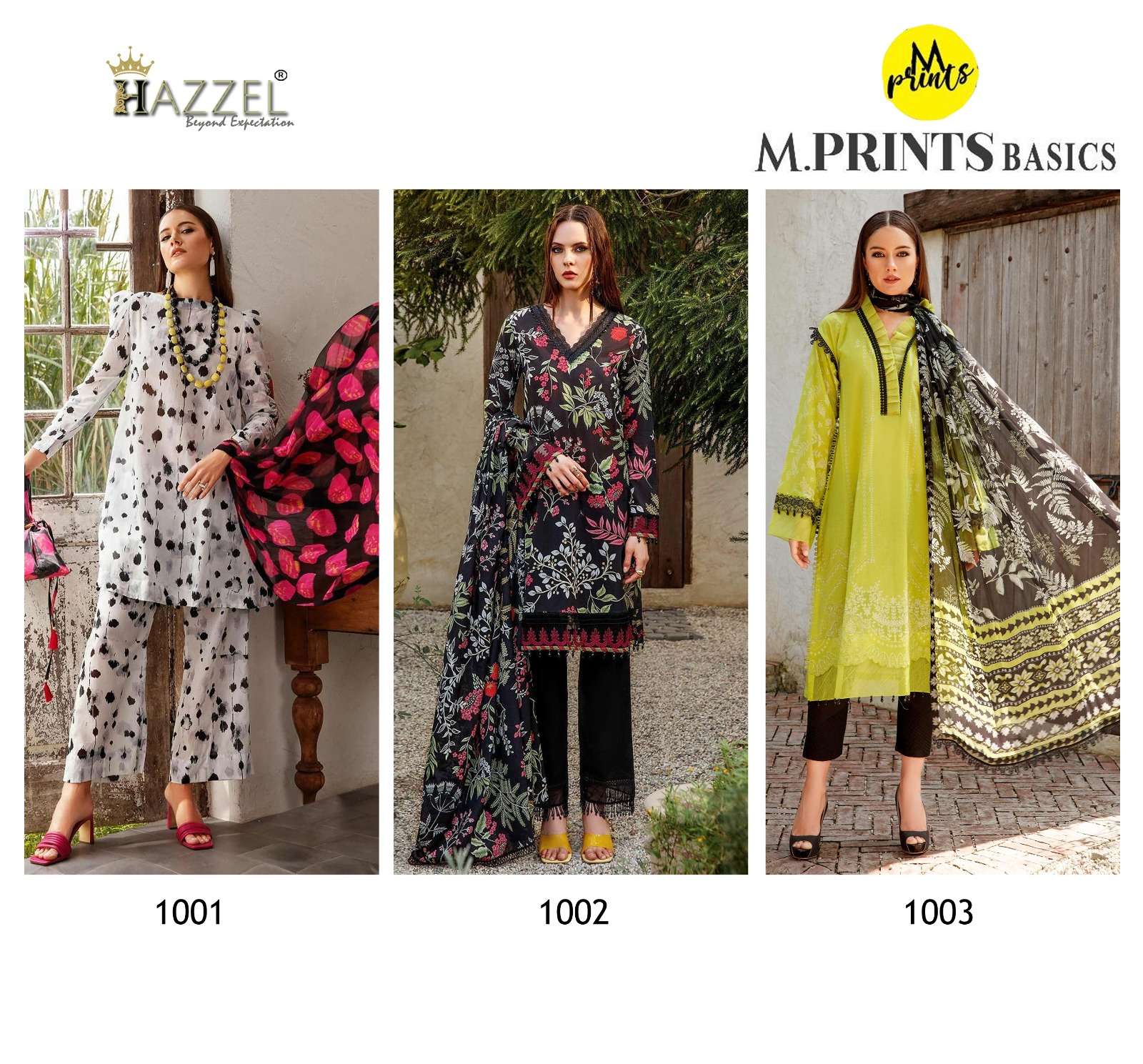 hazzel m prints basics 1001-1003 series latest pakistani salwar kameez wholesaler surat gujarat