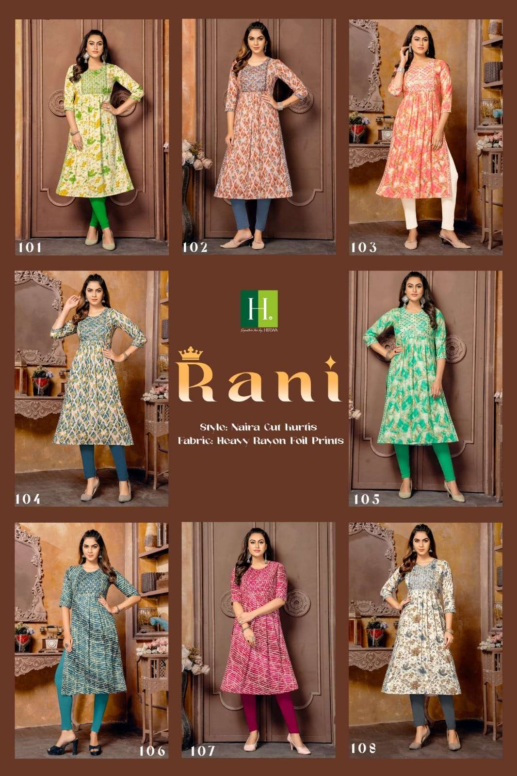 hirwa rani 101-108 series latest designer nayra cut kurti wholesaler surat gujarat