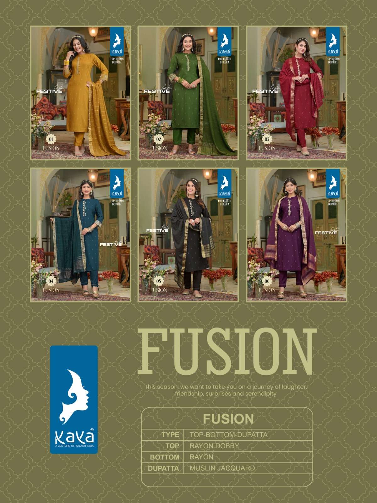 kaya fusion 01-06 series designer reyon dobby jequard ready to wear suits collecton online wholesaler surat