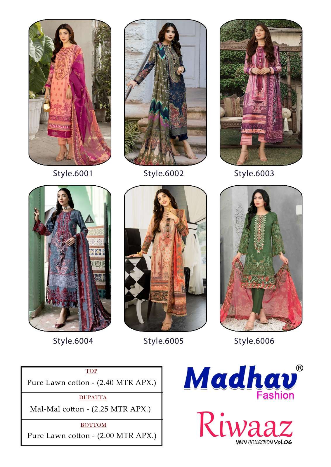 madhav riwaaz vol-6 6001-6006 series latest pakistani salwar kameez wholesaler surat gujarat