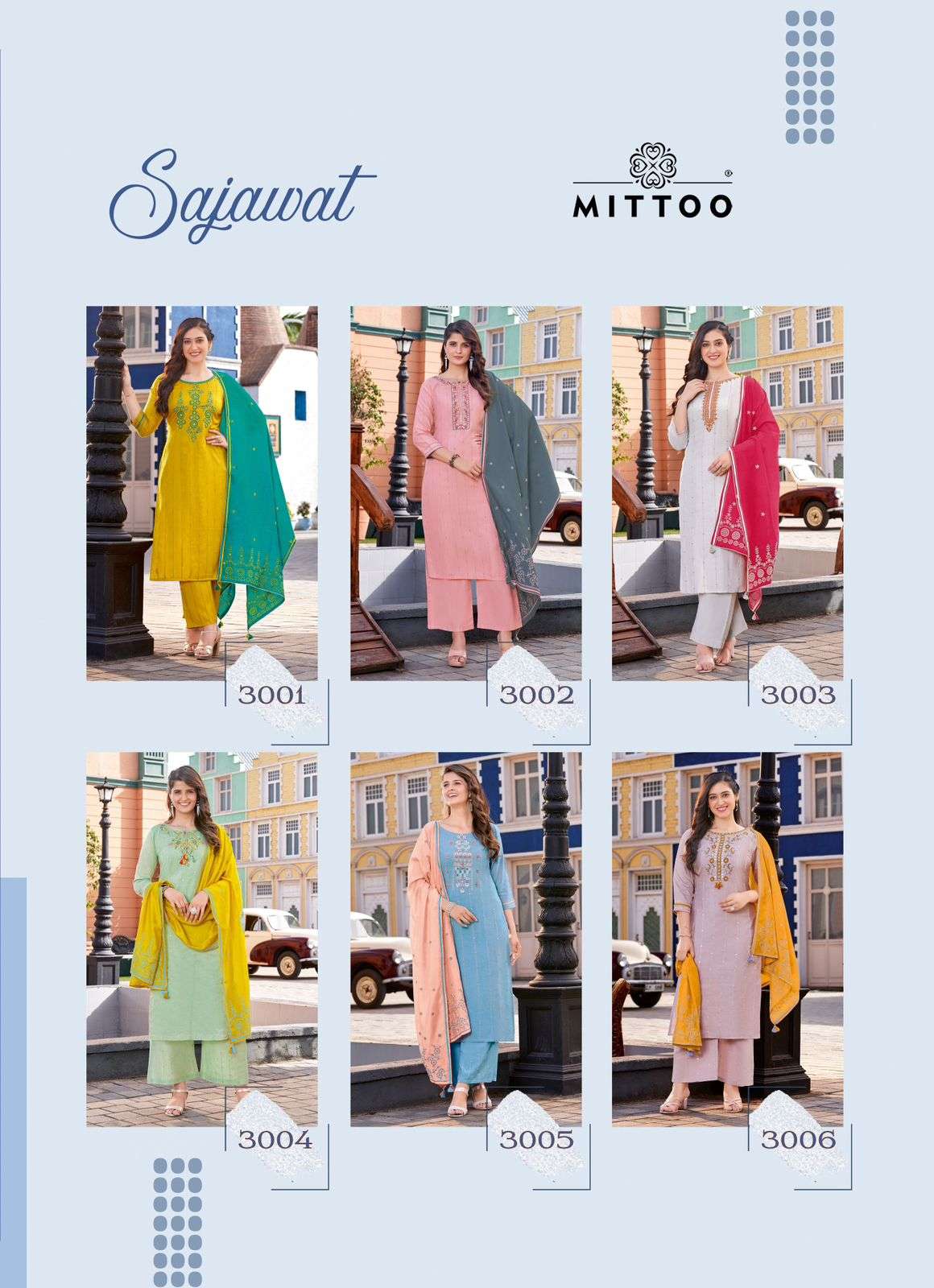 mittoo sajawat 3001-3006 series latest designer kurti set wholesaler surat gujarat