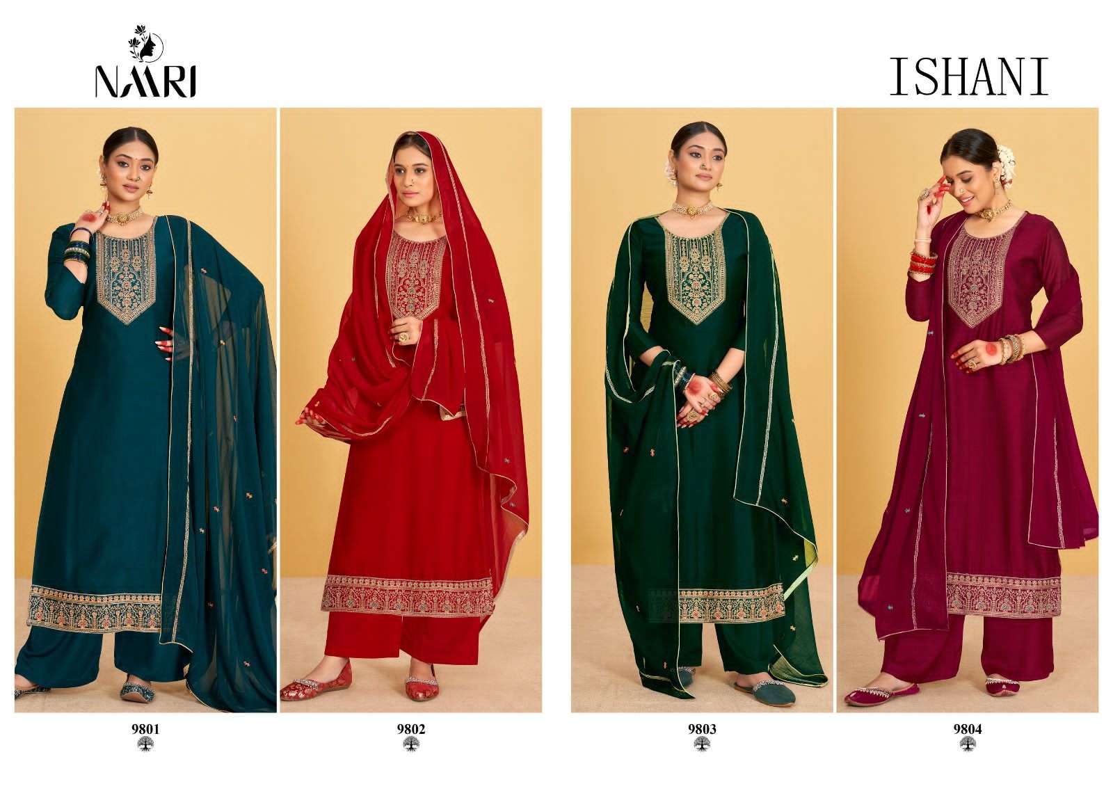 naari ishani new silk 9801-9804 series latest fancy salwar kameez wholesaler surat gujarat