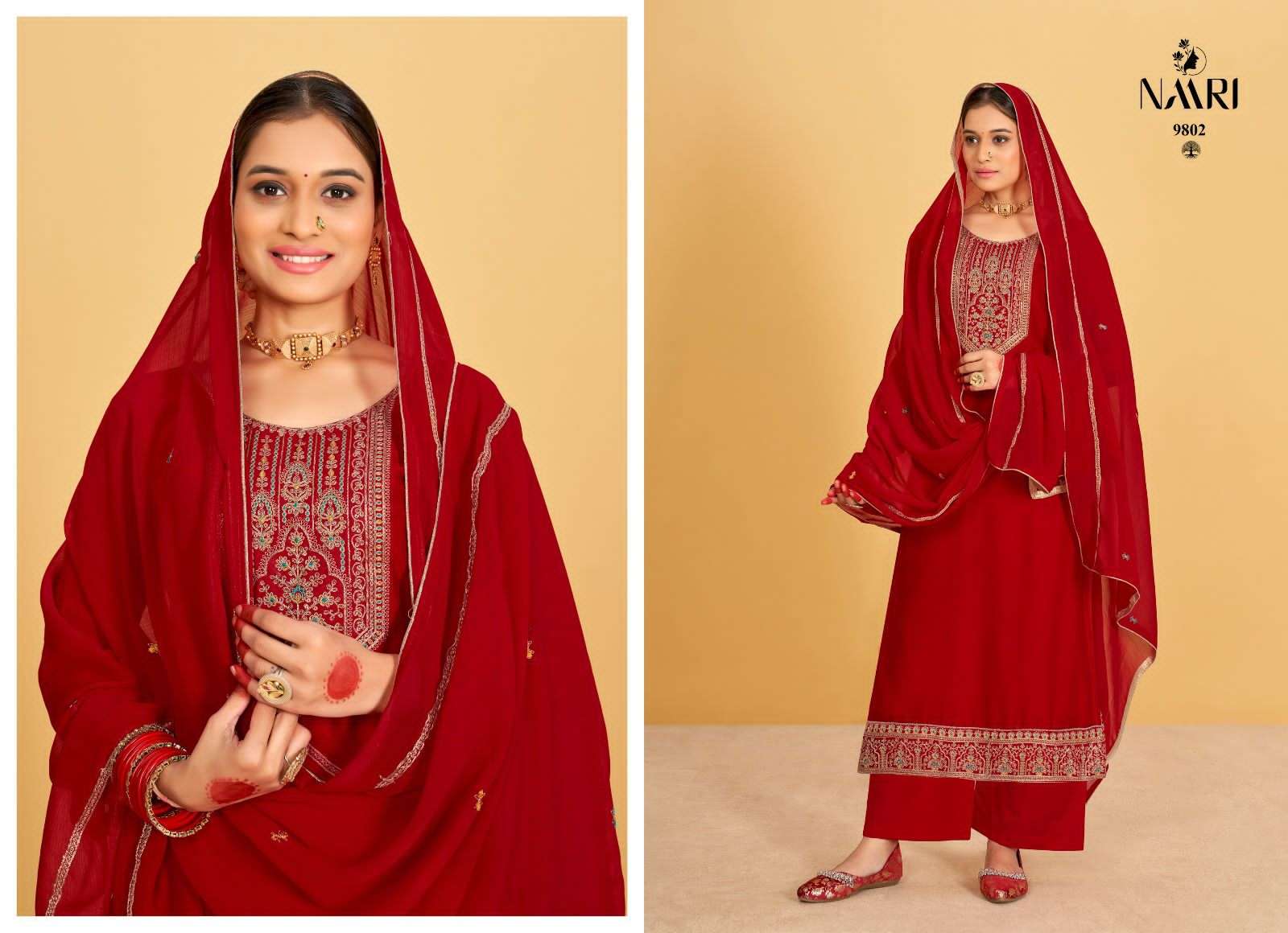naari ishani new silk 9801-9804 series latest fancy salwar kameez wholesaler surat gujarat