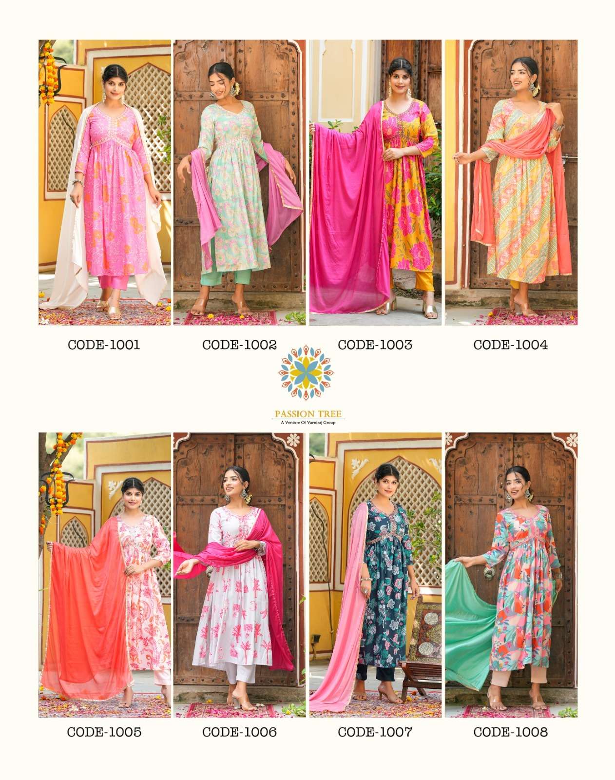 passion tree adwika vol-1 1001-1008 series latest designer kurti set wholesaler surat gujarat