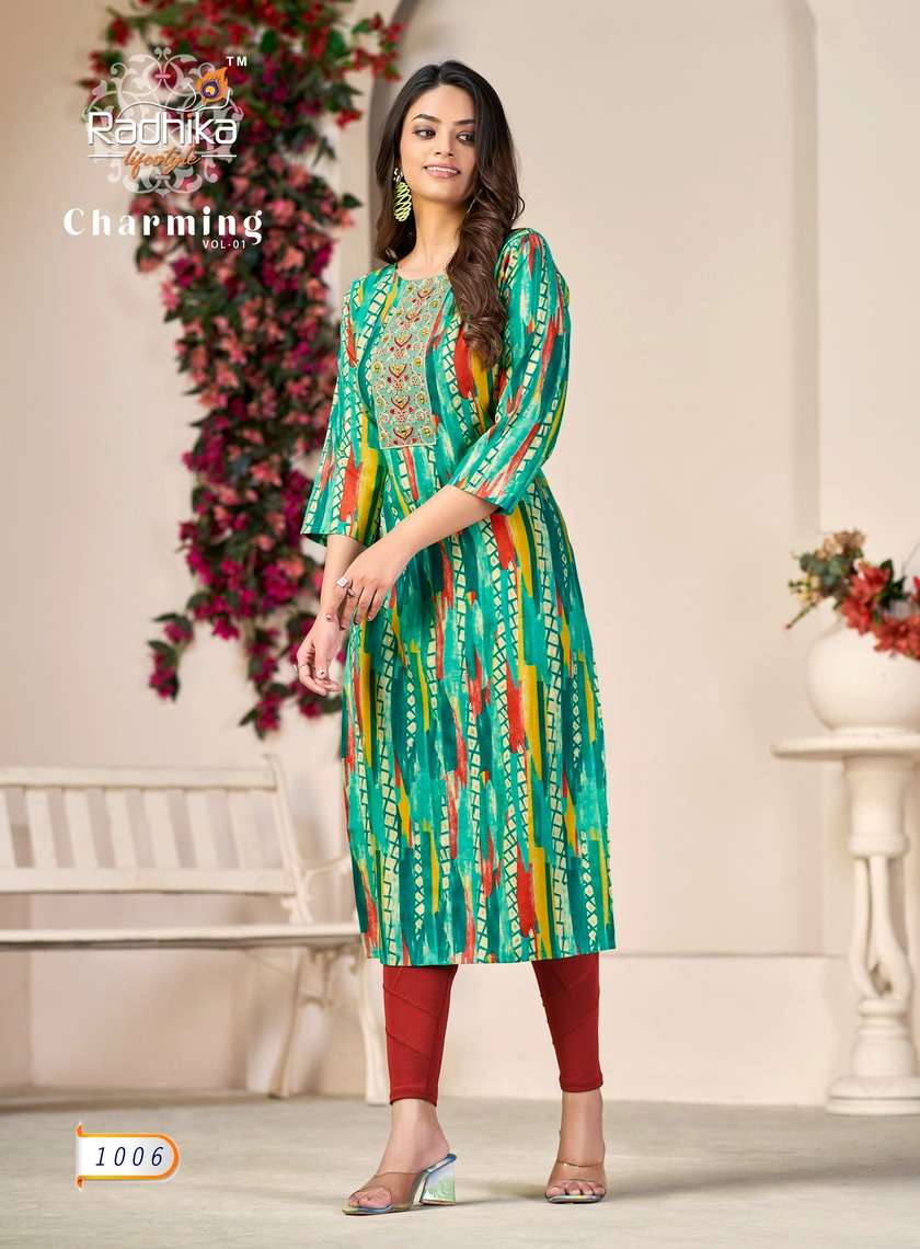 radhika lifestyle charming vol-1 1001-1008 series designer trending kurti set wholesaler surat gujarat