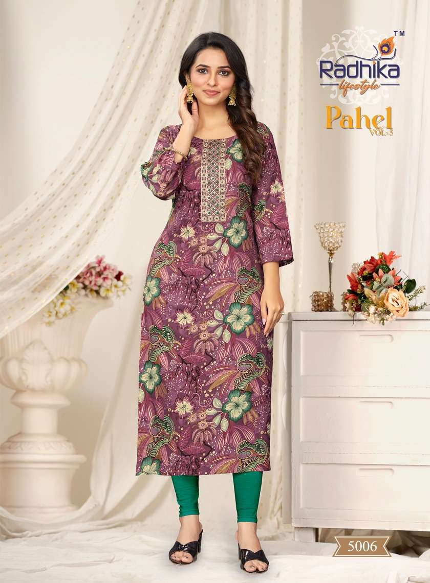 radhika lifestyle pahel vol-5 5001-5009 series latest designer fancy kurti set wholesaler surat gujarat