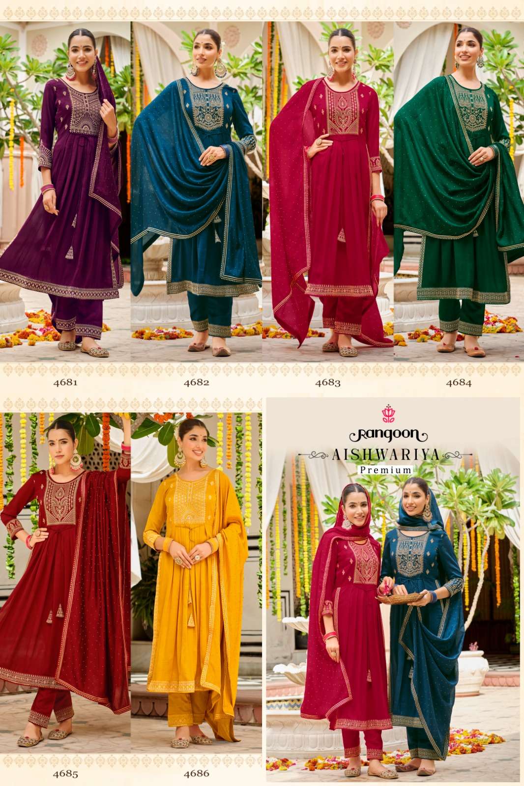 rangoon aishwariya premium 4681-4686 series latest designer kurti set wholesaler surat gujarat