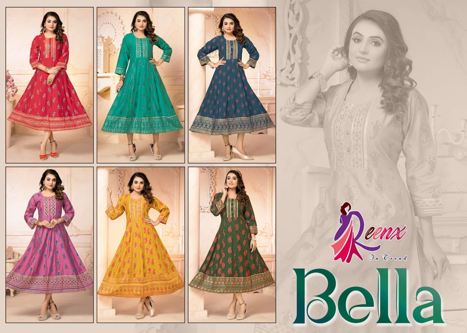 reenx bella 101-106 series latest designer gown kurti wholesaler surat gujarat