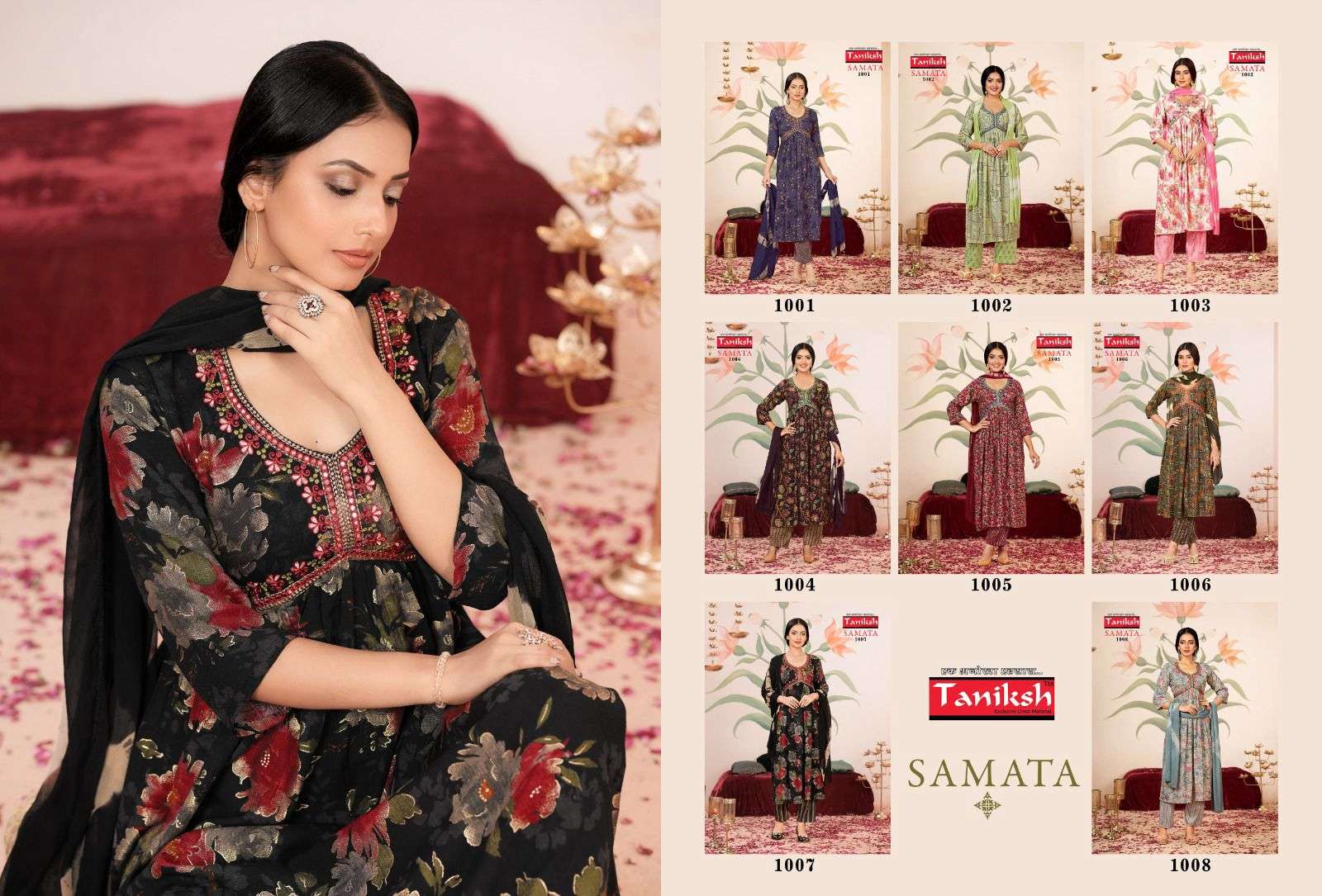 samata vol-1 taniksh 1001-1008 series latest designer fancy alia cut kurti set wholesaler surat gujarat