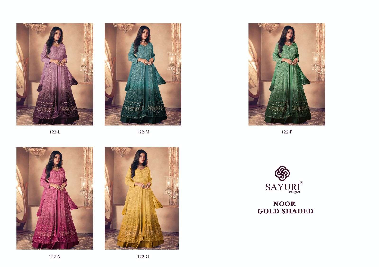 sayuri designer noor gold shaded 122 colour series latest indo western salwar kameez wholesaler surat gujarat