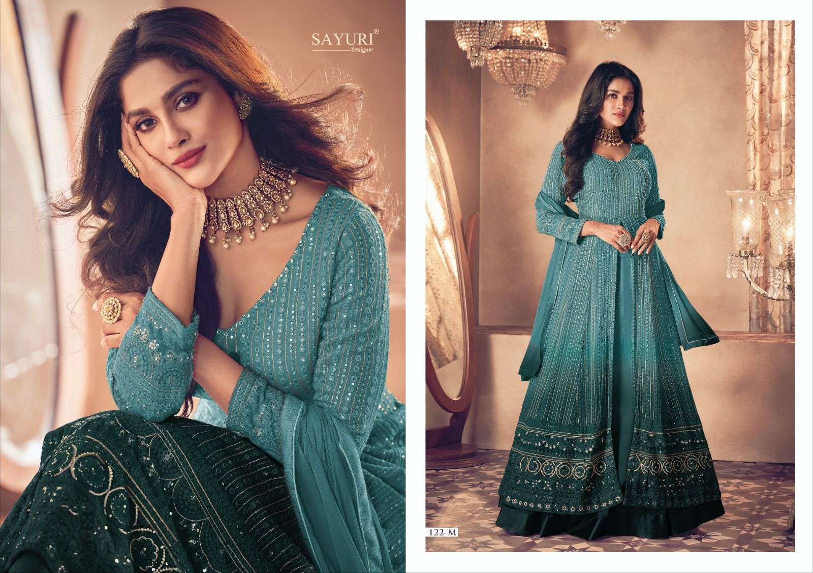 sayuri designer noor gold shaded 122 colour series latest indo western salwar kameez wholesaler surat gujarat