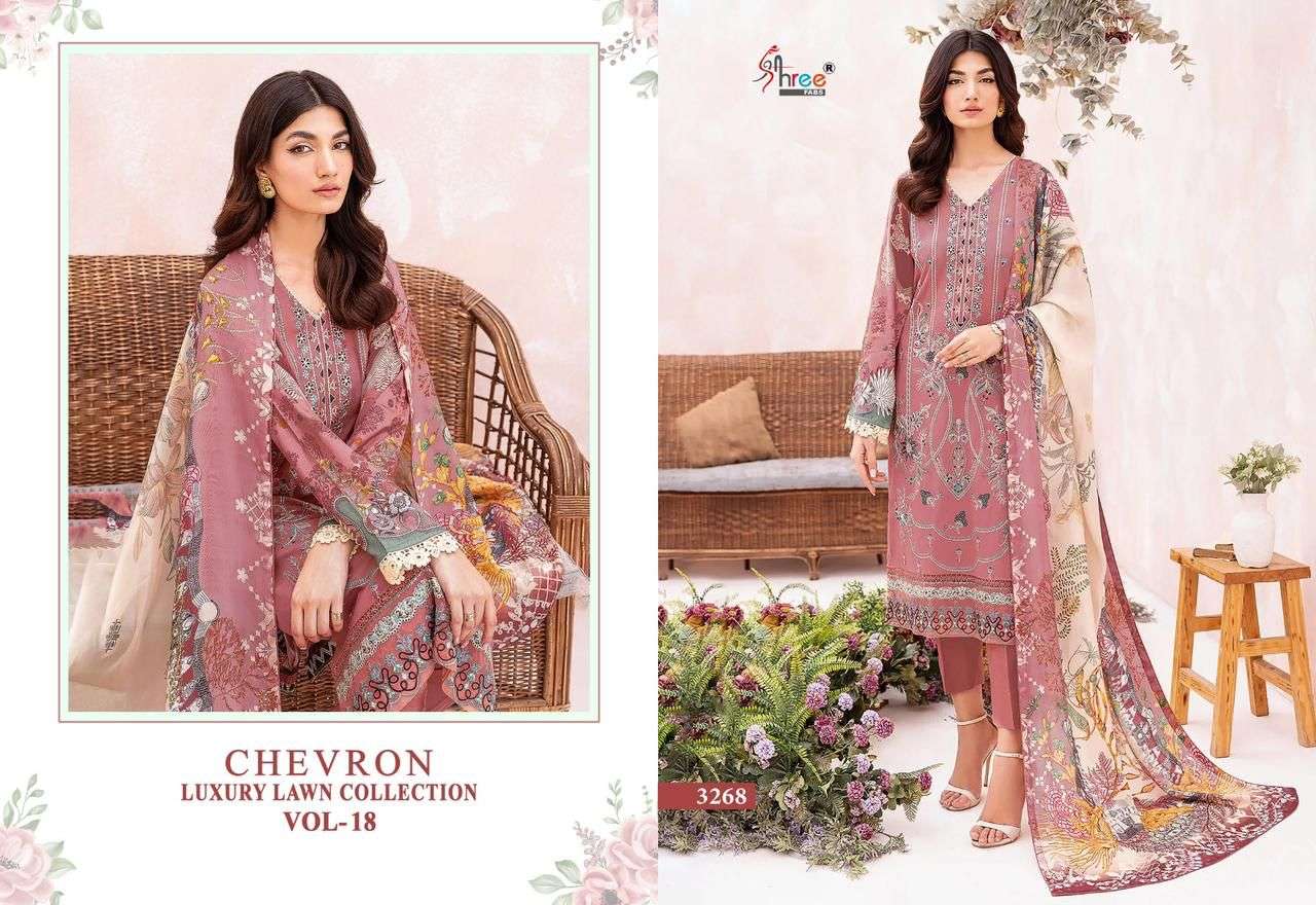 shree fabs chevron luxury lawn collection vol-18 3264-3270 series pakistani suits wholesale price supplier surat