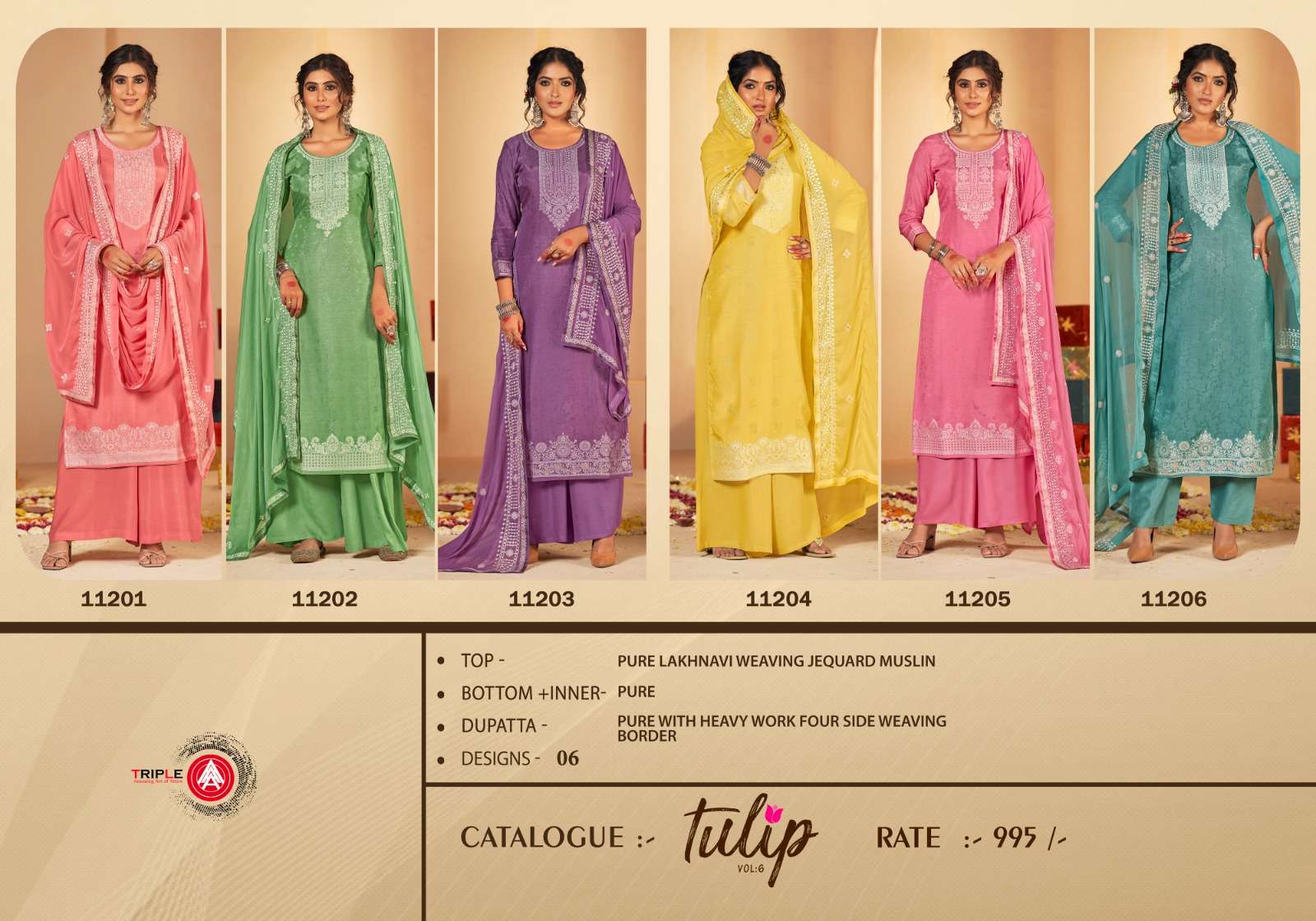 triple aaa tulip vol-6 11201-11206 series latest designer pakistani salwar kameez wholesaler surat gujarat