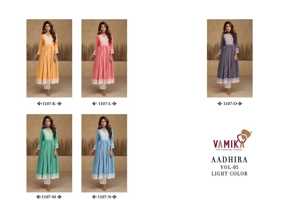 vamika aadhira vol-5 light colour 1107 colour series latest designer kurti set wholesaler surat gujarat