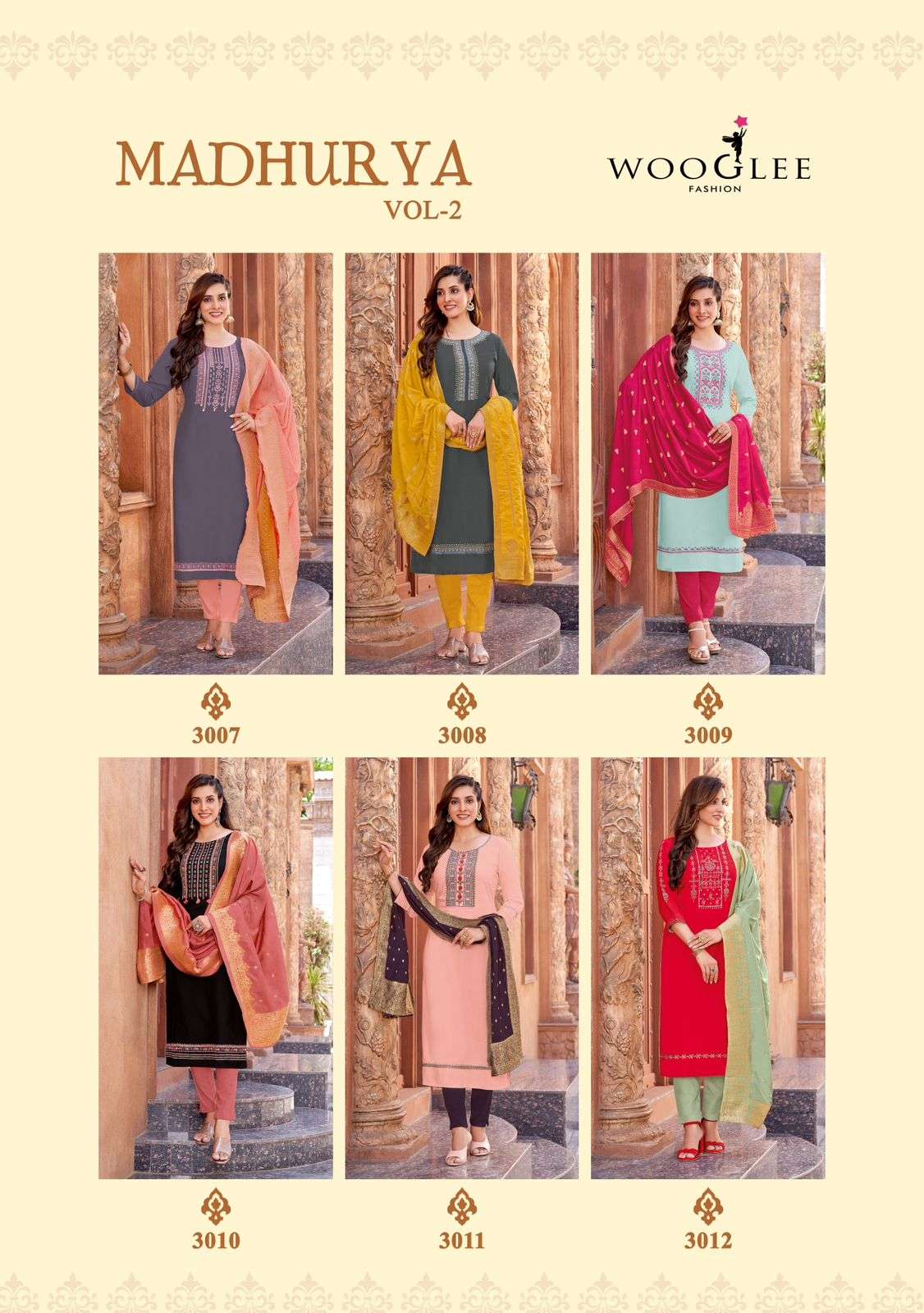 wooglee fashion madhurya vol-2 3007-3012 series latest designer kurti set wholesaler surat gujarat