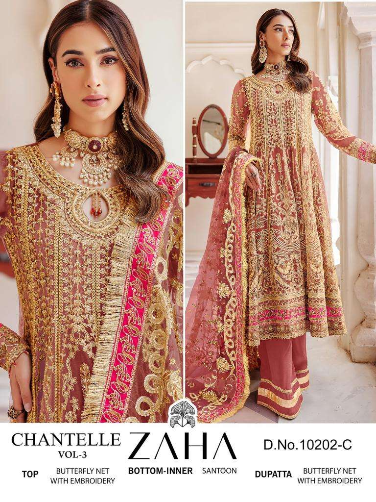 zaha chantelle vol-3 10202 colour series designer pakistani salwar kameez wholesaler surat gujarat