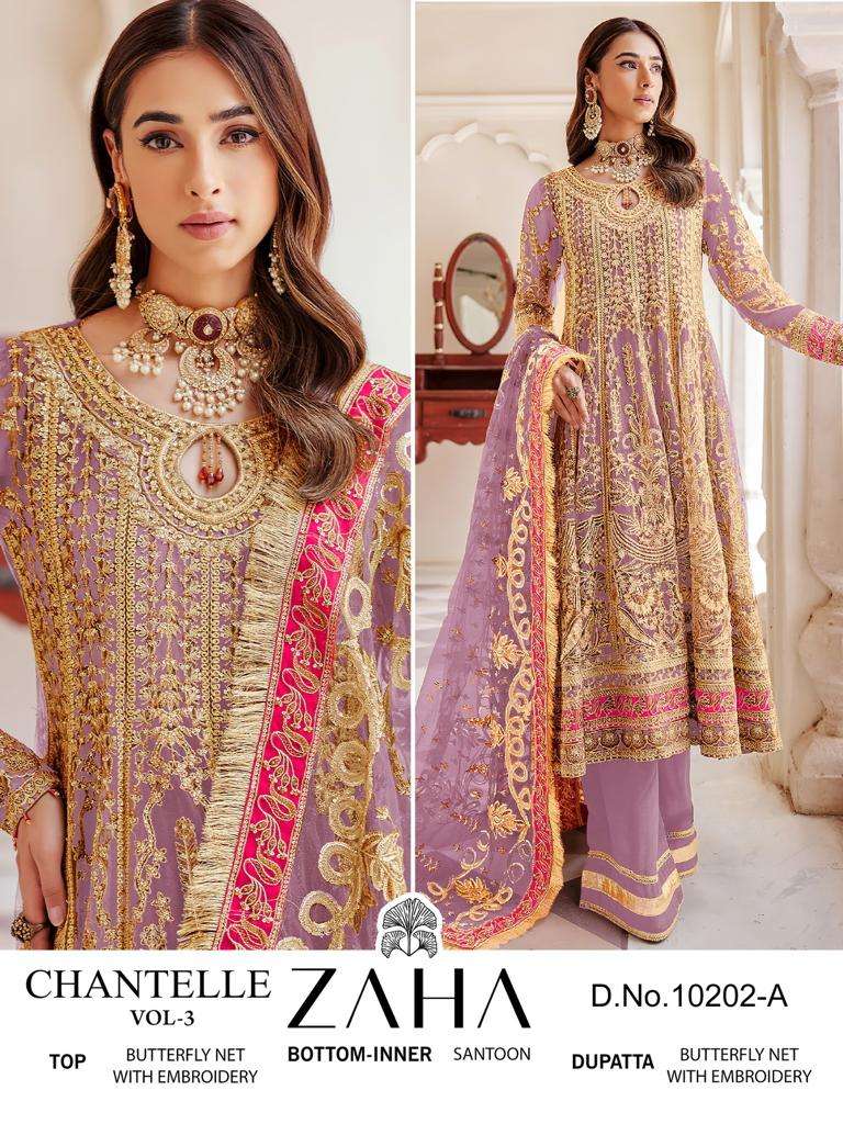 zaha chantelle vol-3 designer pakistani salwar kameez wholesaler surat gujarat