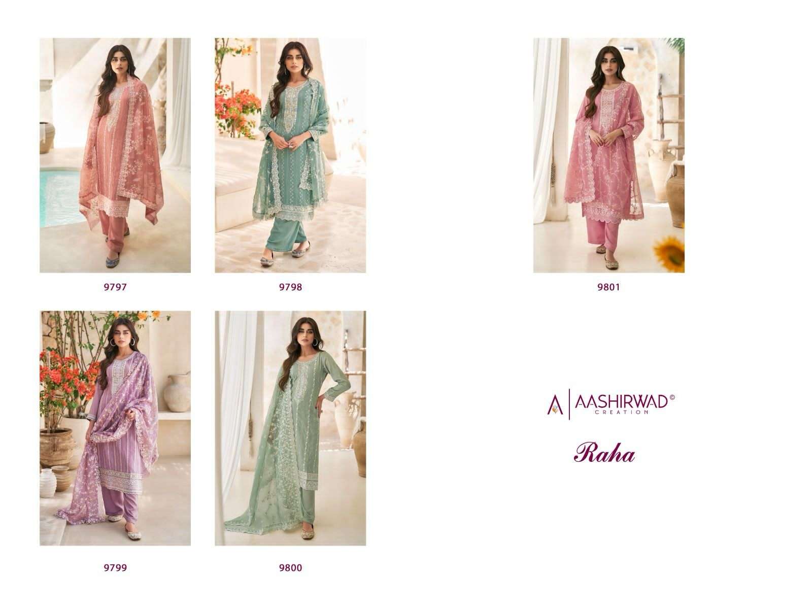 aashirwad raha 9797-9801 series latest fancy salwar kameez for wedding wholesaler surat gujarat
