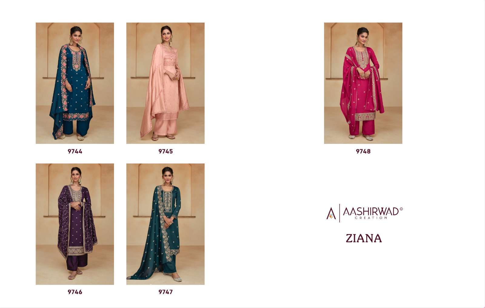 aashirwad ziana 9744-9748 series designer latest salwar kameez wholesaler surat gujarat
