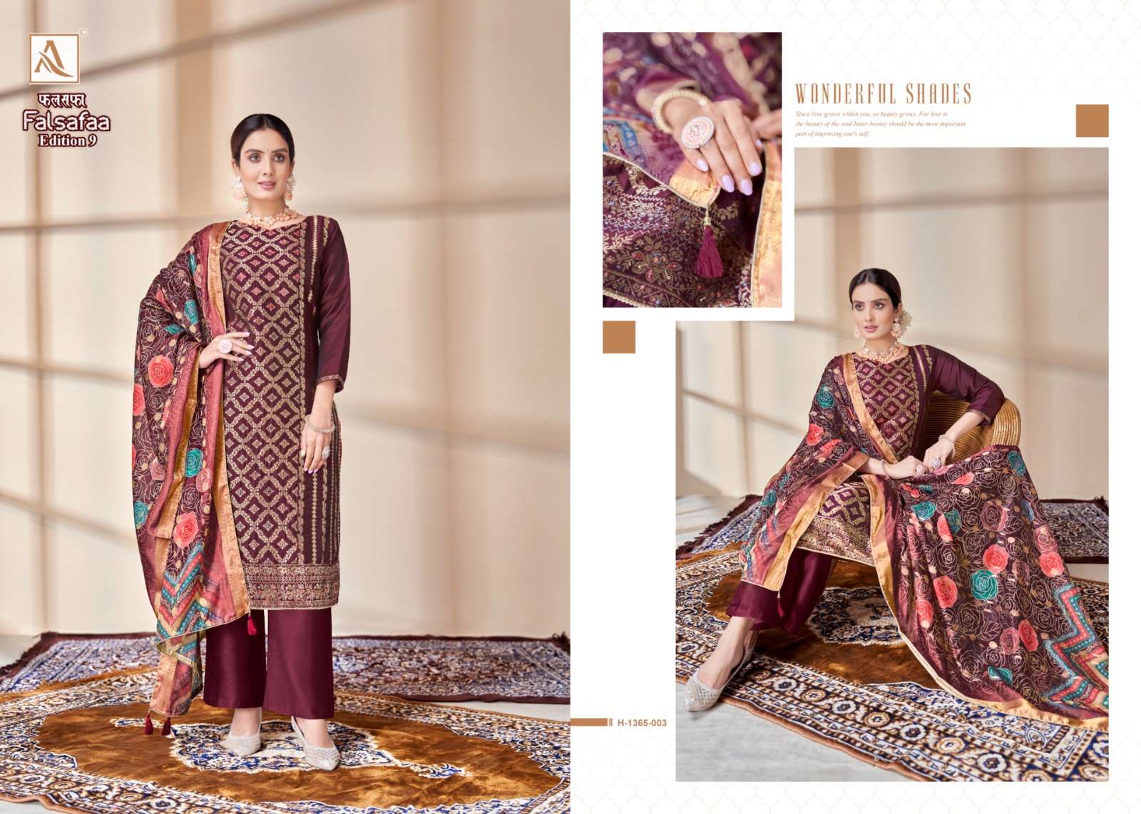 alok suit falsafaa vol-9 1365-001-006 series designer pakistani salwar kameez wholesaler surat gujarat