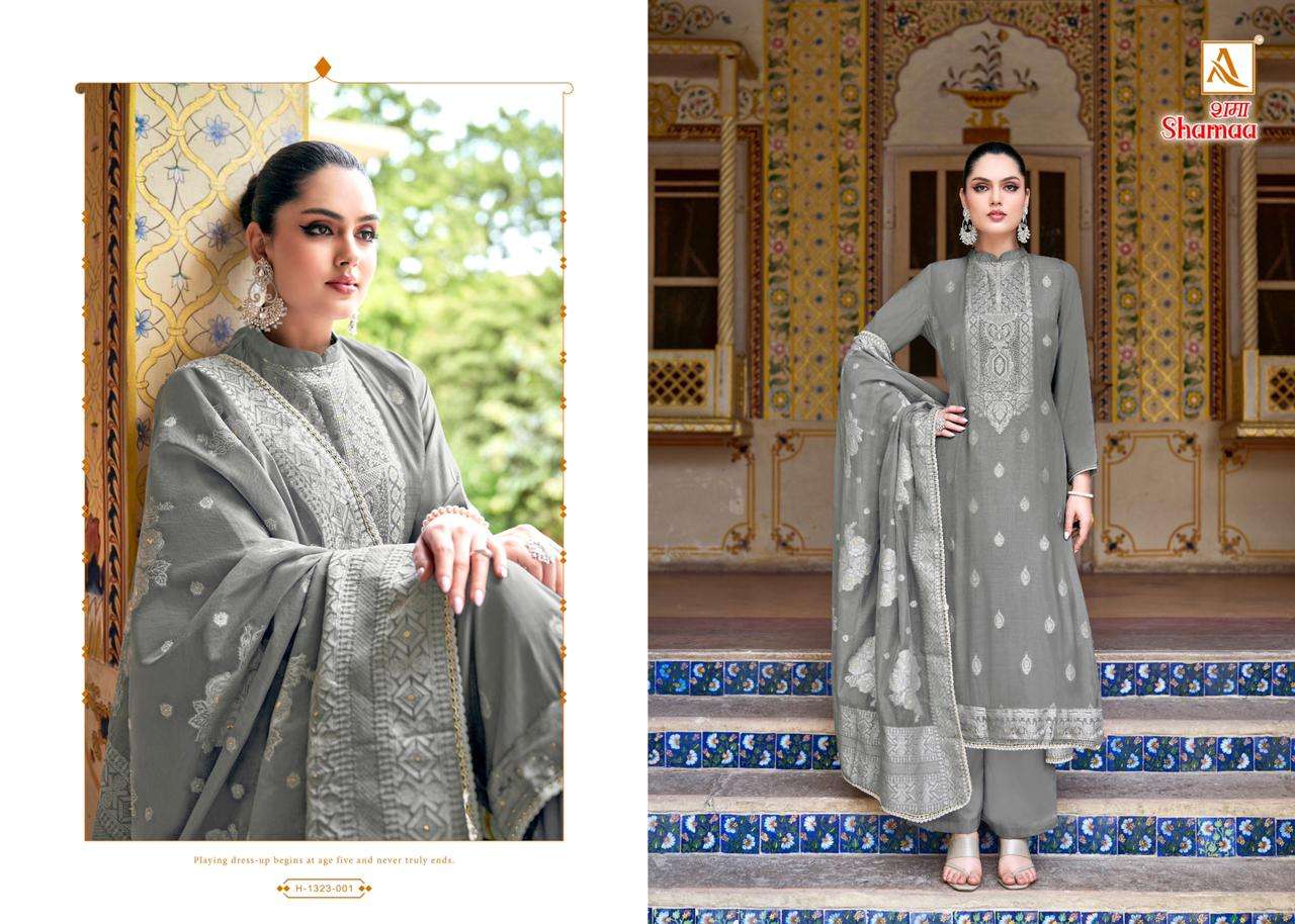 alok suit shamaa 1323-001-006 series latest designer pakistani salwar kameez wholesaler surat gujarat
