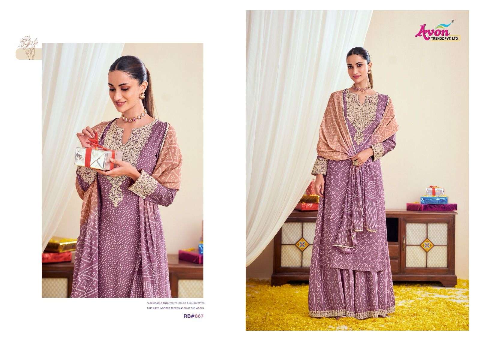 avon trendz rang bandhej 862-867 series latest designer sharara salwar kameez wholesaler surat gujarat