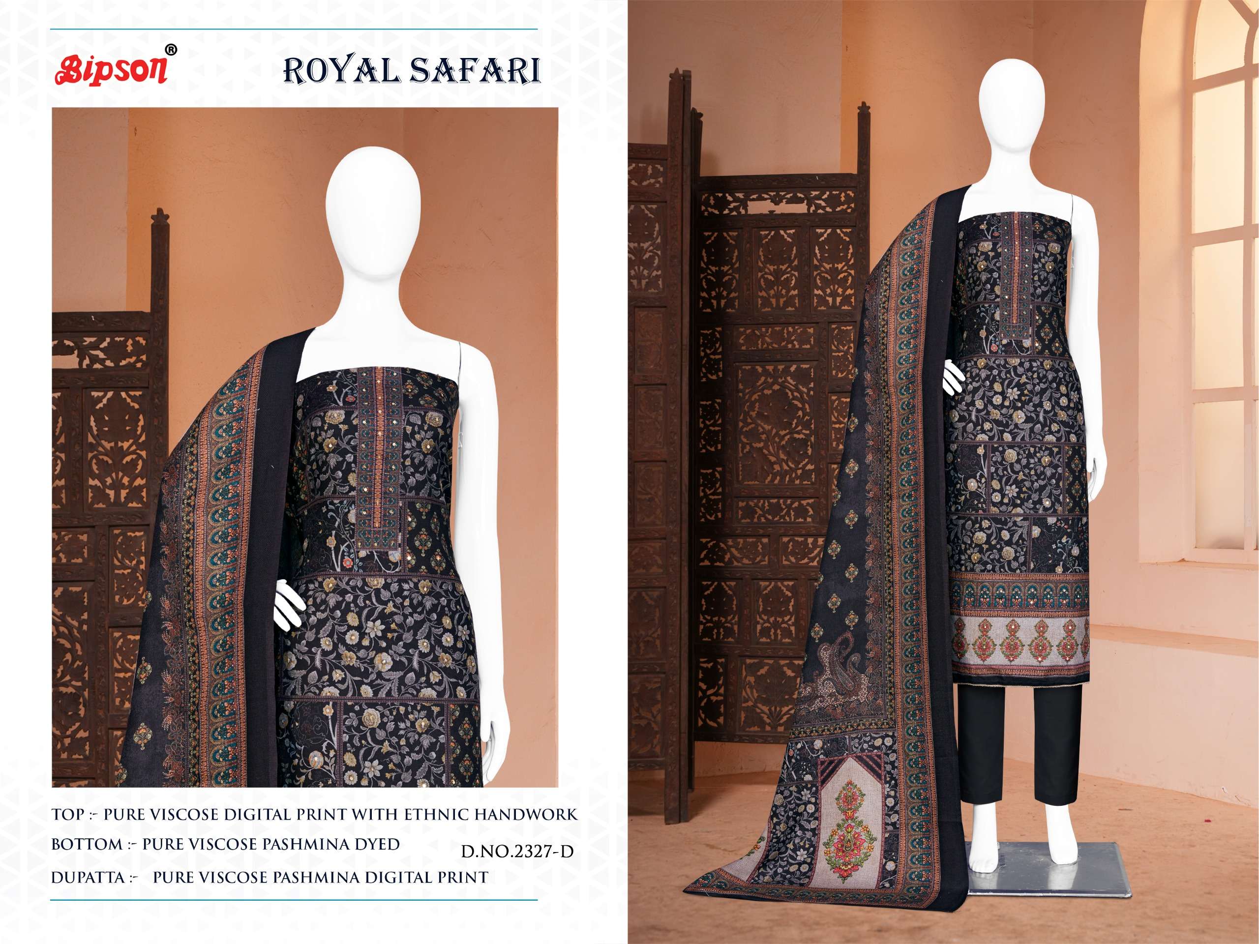 bipson royal safari 2327 series pure viscose pashmina designer digital printed handwork suits 