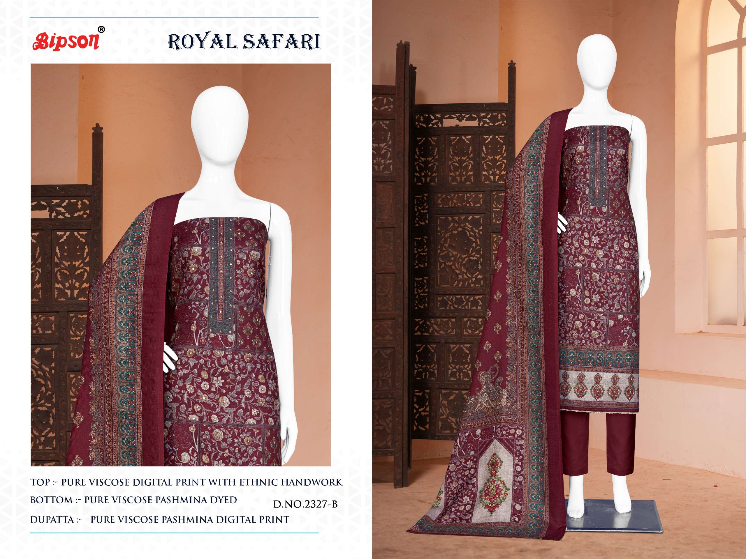 bipson royal safari 2327 series pure viscose pashmina designer digital printed handwork suits 