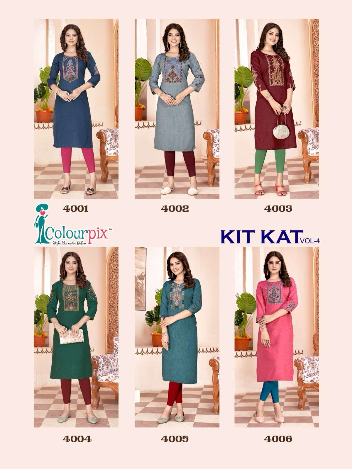 colourpix kitkat vol-4 4001-4006 series designer latest casual kurti set wholesaler surat gujarat