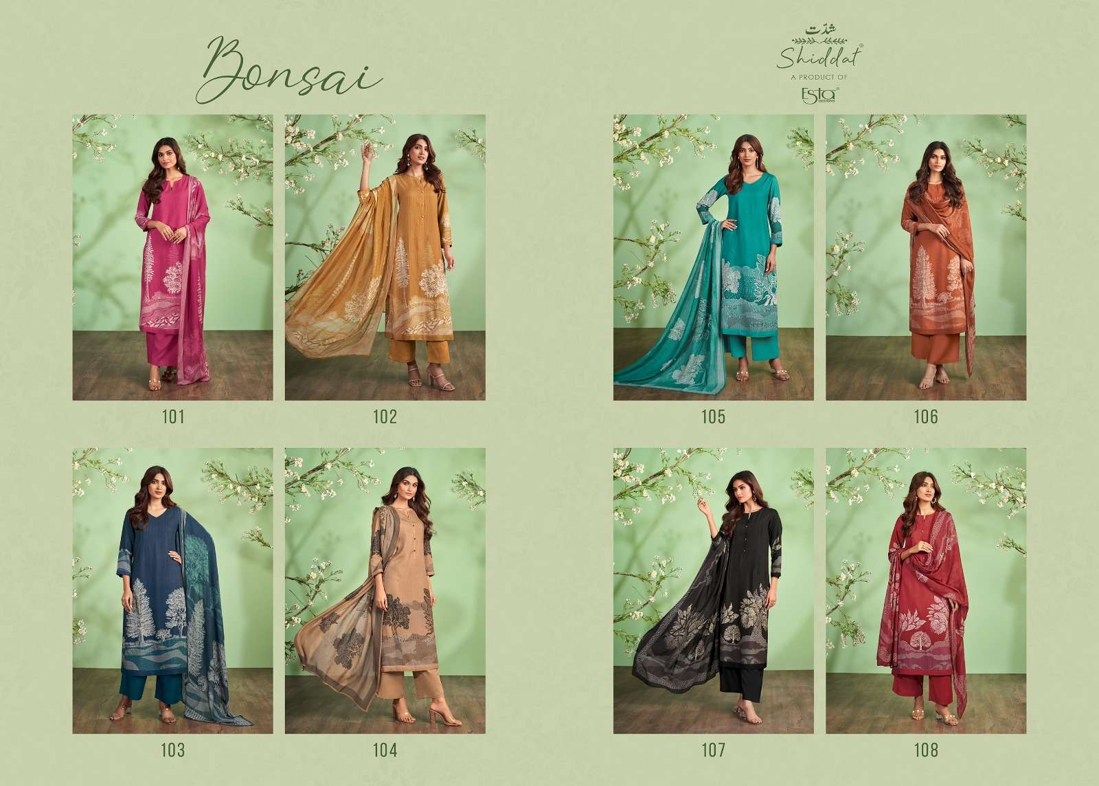 esta designs bonsai 101-108 series latest pakistani salwar kameez wholesaler surat gujarat